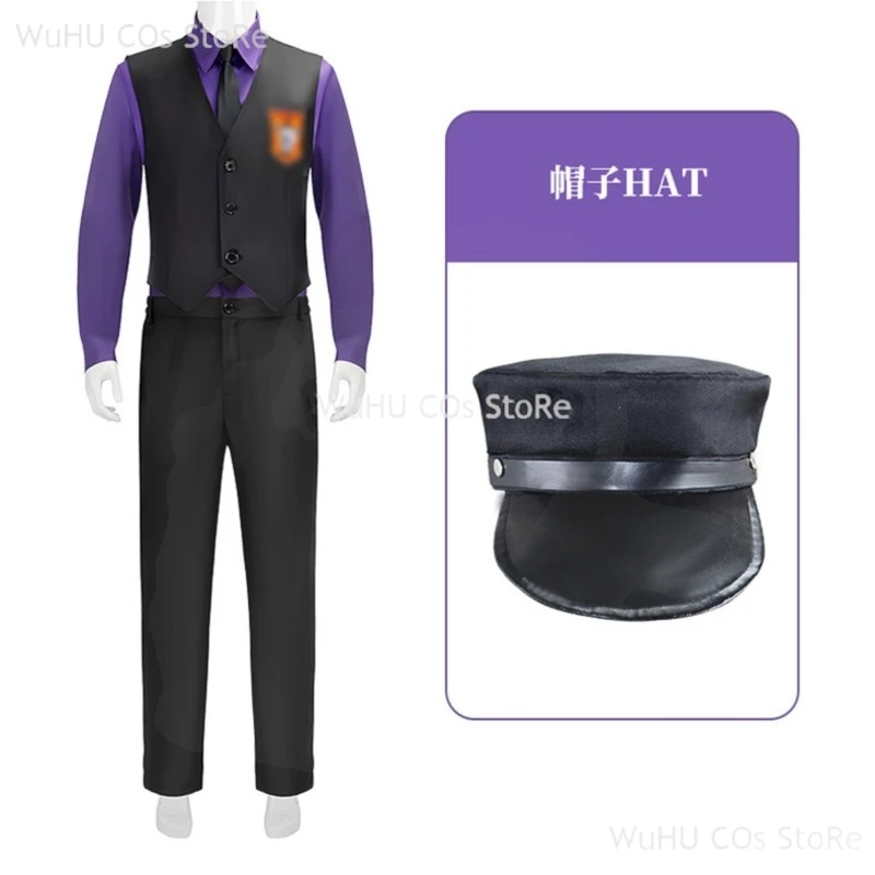 

Purple Guy William Afton Cosplay CostumeShirt Vest Pants Adult Men Halloween Fnaf Five Nights Movie Hat Roleplay Costume