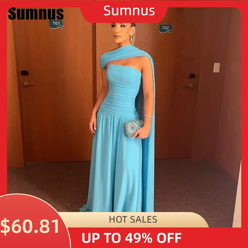 

Sumnus Elegant Blue Prom Dresses Chiffon Pleat Ruched Ruffle Strapless Formal Evening Dress Floor-Length Vestidos de noche