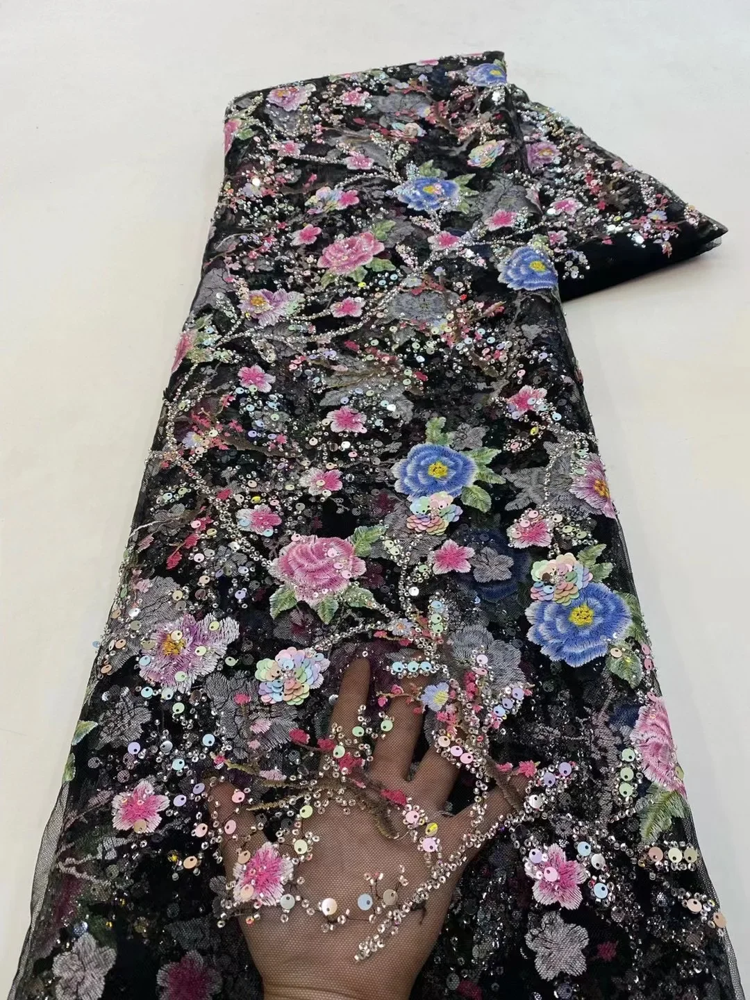 High Quality African Tulle Beaded Embroidered Groom Lace Fabric Sequins Lace Fabric for Wedding Party Dress XZ5749 image 3