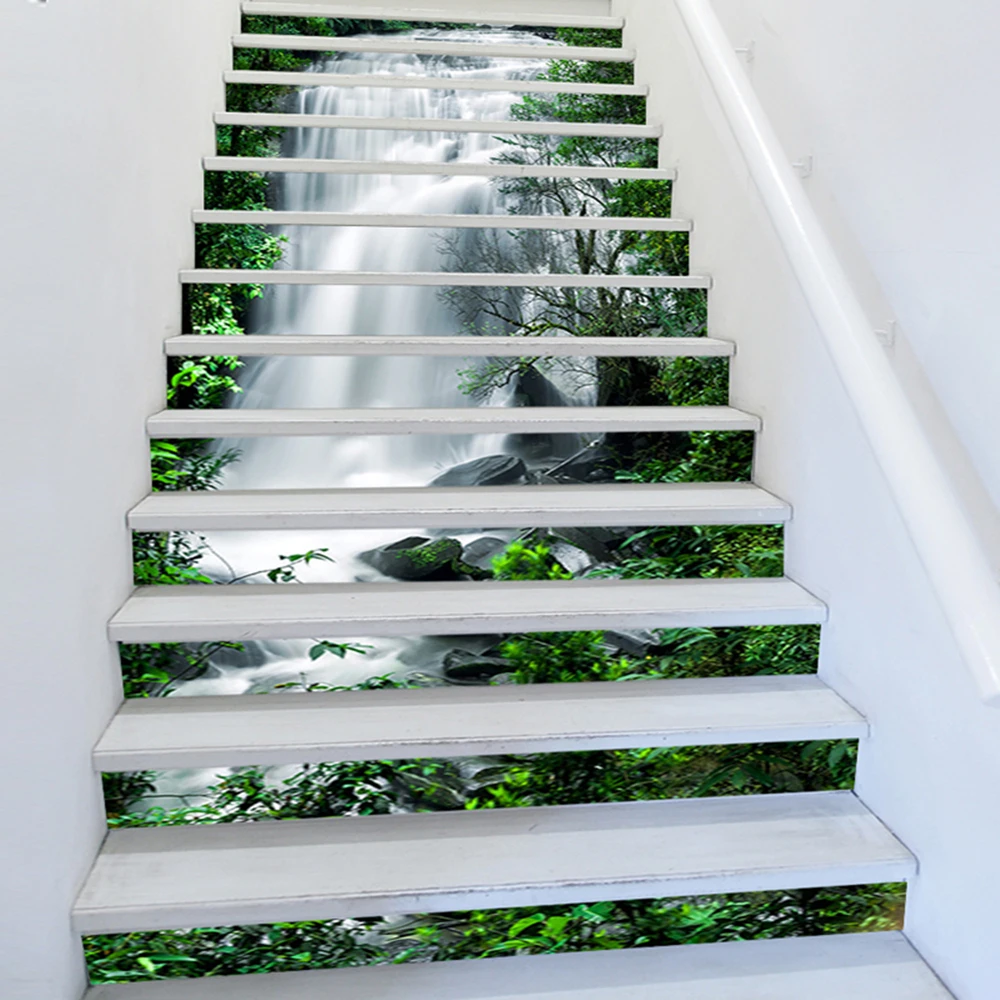Jungle Waterfall Stair Riser Decals Peel & Stick Vinyl 13Pcs 100x18cm Waterproof Removable Stair Stickers Home Staircase Decor