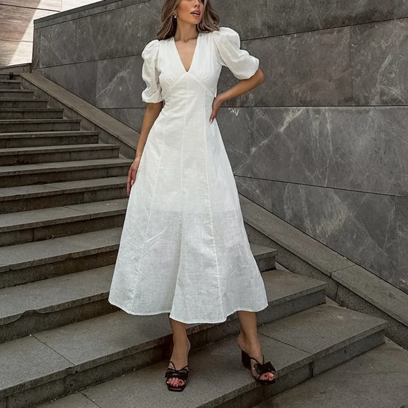 

Elegant Backless Dress White Fashion Hollow Bow Lace-up High Waist V-Neck Dress Luxury Fashion Women Party Evening Dress