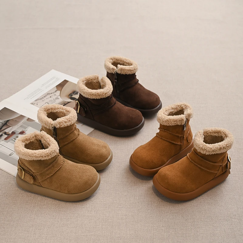 

Kids Warm Fleece Leather Boots for Toddler Girls 2025 New Winter Kids Snow Boots Anti-slippery Simple Versatile Outdoor Play