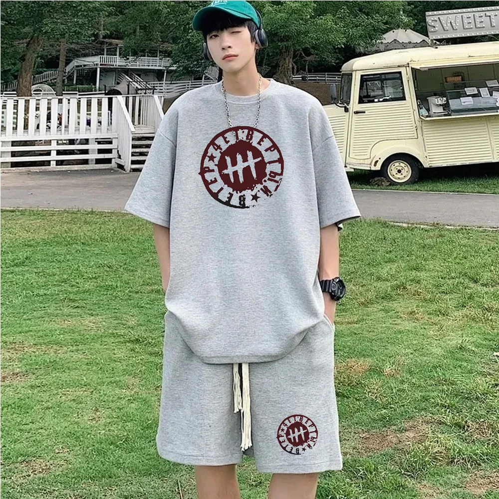 Summer Korean Casual Sportsuit Hoodies Waffle Men Set Loose short sleeve shorts pant 2 Piece Set Fashion Print Outfits Tracksuit