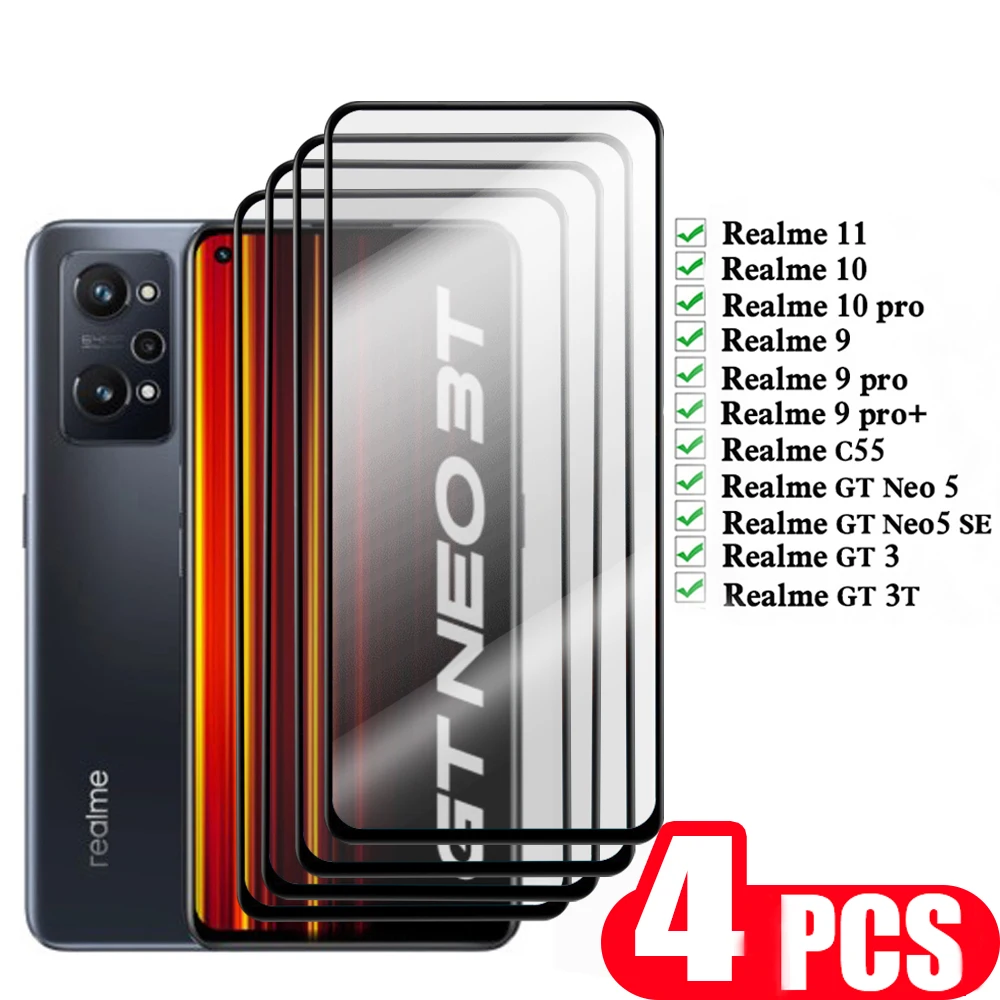 

Закаленное стекло для Realme GT Neo 5 SE 3 3T 2 C55 9D, полное покрытие для Realme 11 10 9 pro plus, Защитная пленка для экрана, 4 шт.
