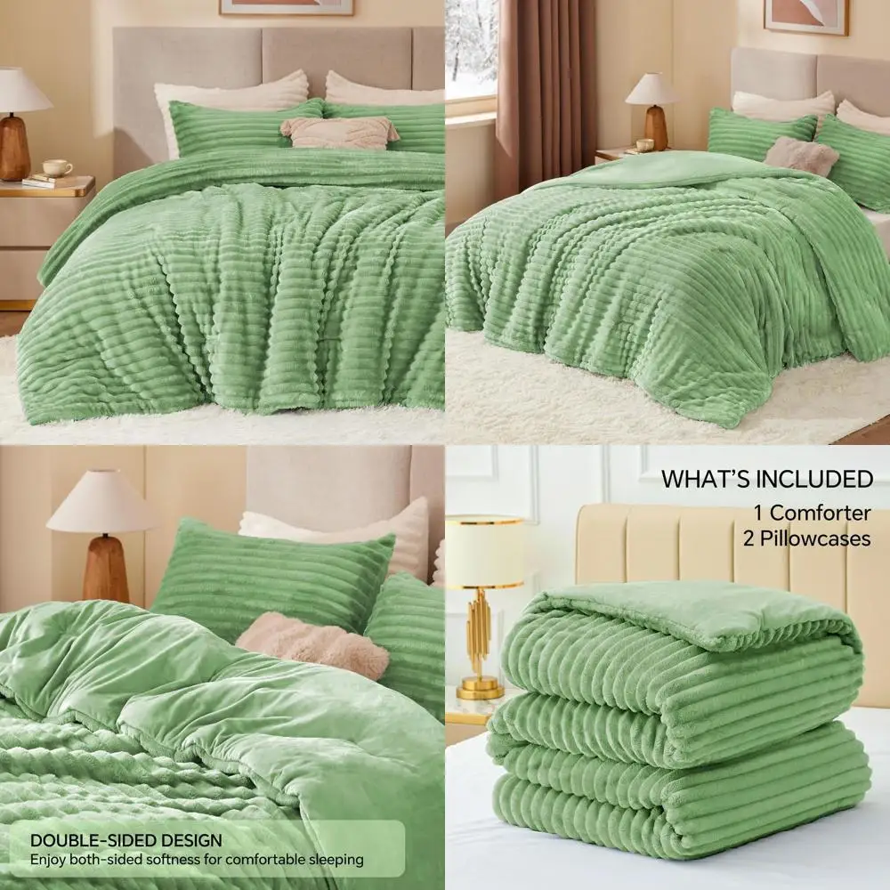 

Ультрамягкий и уютный зеленый пушистый комплект двойного одеяла, роскошное плюшевое постельное белье с наволочкой для холодных зимних ночей