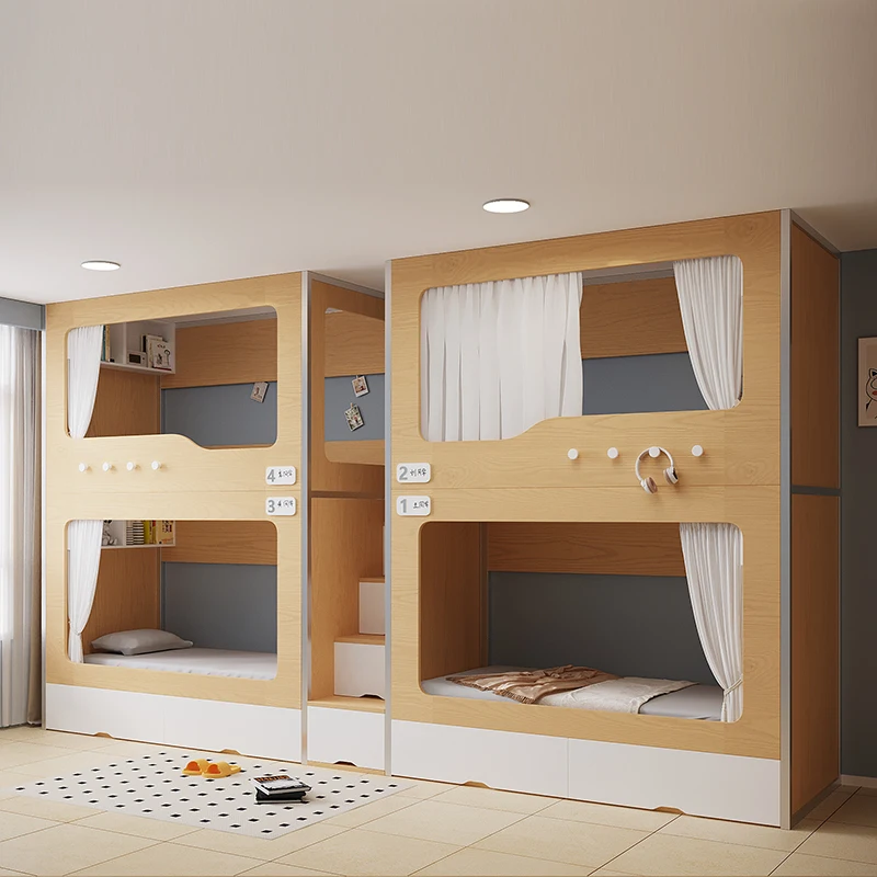 *Modern School Four-person Bunk Capsule Bed with Storage Steps for Bedroom and Apartment Use