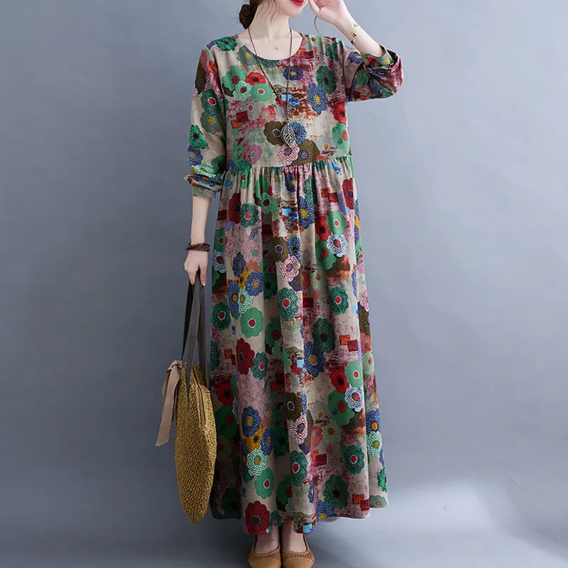 #3302 Full Floral Printed A-line Dress Women Long Sleeve O-neck Loose Vintage High Waisted Long Dresses Female Ankle-length