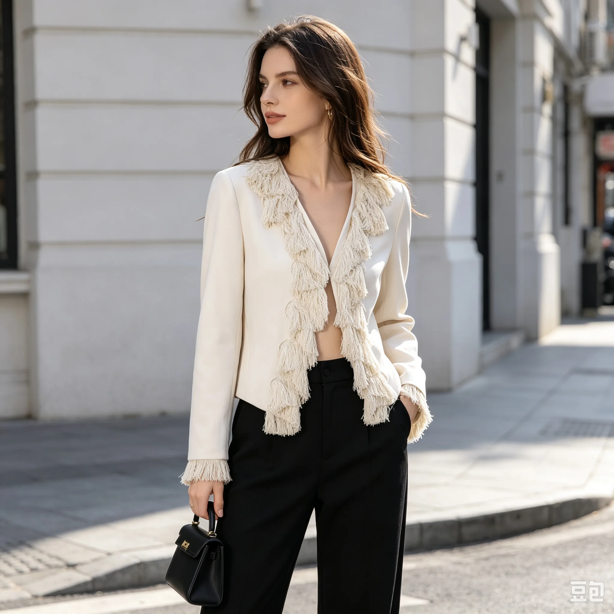 Women's autumn V-neck long-sleeve jacket featuring a metal hook-and-eye closure and tassel trim detailing.