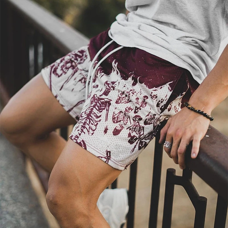 Streetwear Fashion Skulls Print Shorts Men Summer Sports Fitness Running Breathable Shorts Casual Mens Drawstring Loose Shorts