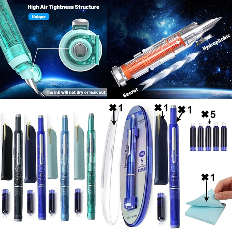 

Fountain Pen Retractable 0.38mmInk Medium Nib Transparent Barrel For Calligraphy Includes 5 Refillable Ink Cartridges 1 Pen Case