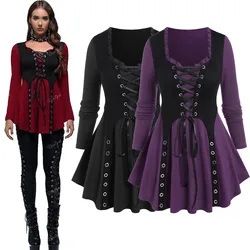 Plus Size Gothic Lace-up Grommet Ruffles Tee Renaissance Costume Tops Women's Autumn Winter Long Sleeves Blouses