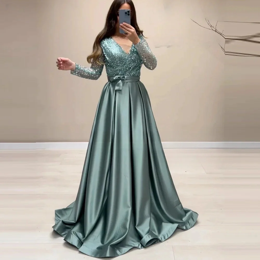 Bella Elegant Blue Long Sleeve Party Dress Satin A-line Floor-Length vestidos de fiesta V-neck Shiny Sequins Pleats  فساتين سهرة