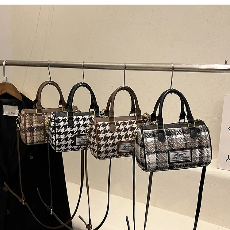 Woolen Houndstooth Crossbody Bag For Women Autumn Winter New Luxury Designer Black Female Handbag Boston Shoulder Bag