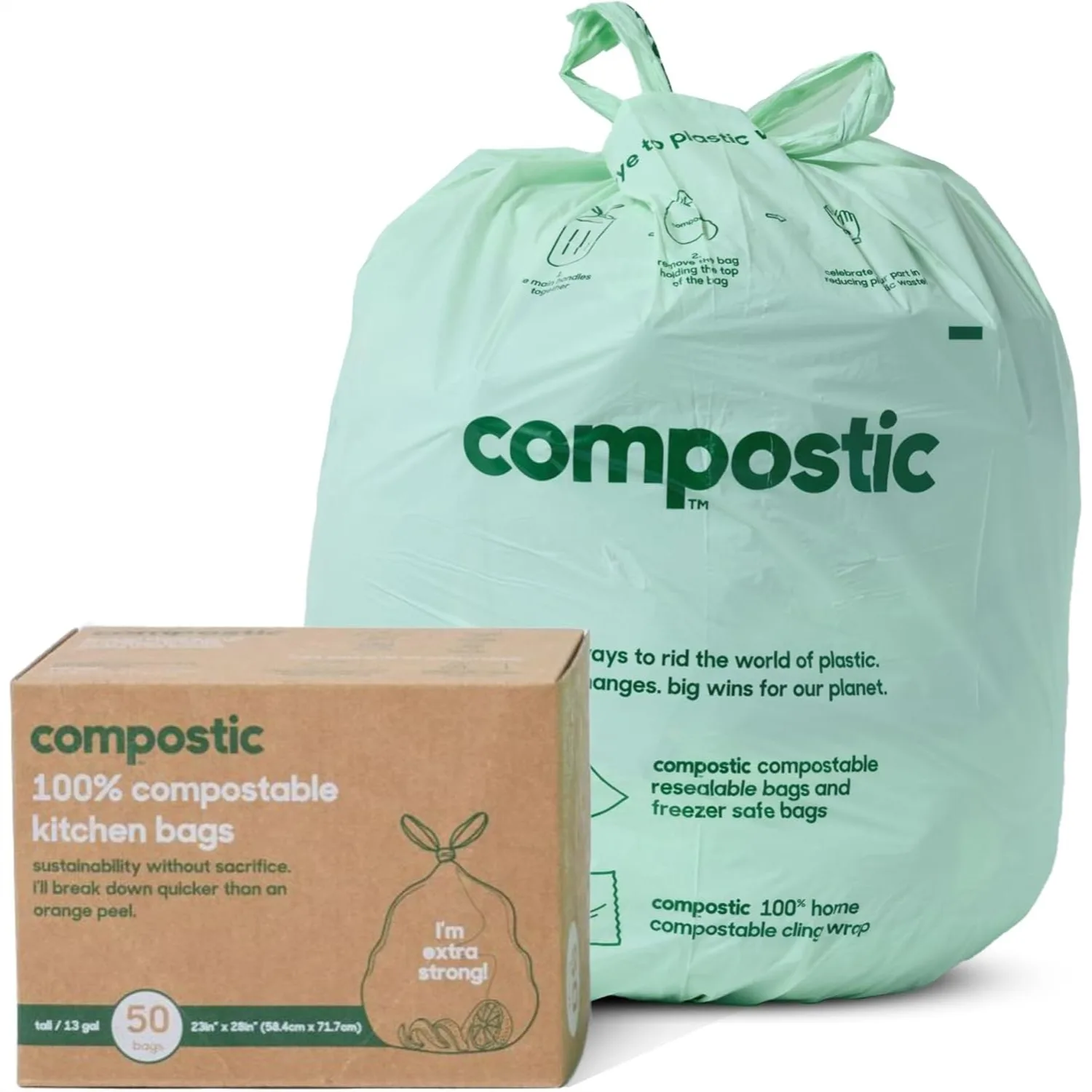 

Compostable Trash Bags, 13 Gallon Tall Kitchen (50 Count) Starter Pack — Extra Strong, Plant-Based, Unscented Garbage Bags