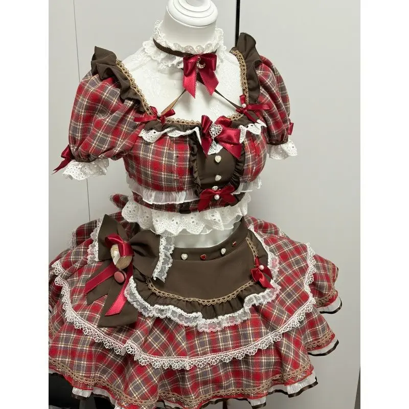 Japanese Sweet Plaid Bow 2 piece Set Women Square Neck Lace Bow Top High Waist Puffy Skirt Cute Lolita Tea Party Outfit Summer view 2