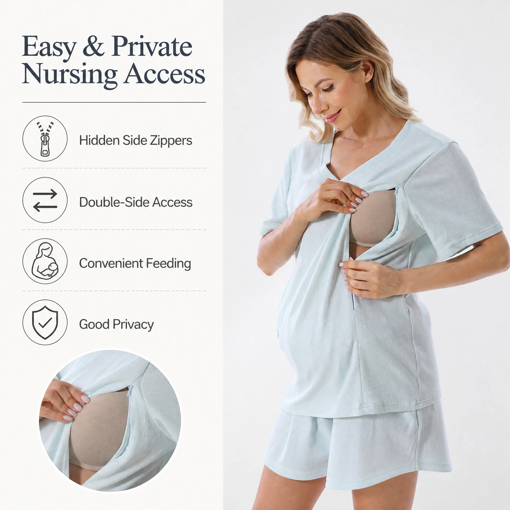 Waffle Knit Maternity Nursing Set V‑Neck Short Sleeve Top & Shorts Hidden Side Zipper Breastfeeding Pajamas Loungewear