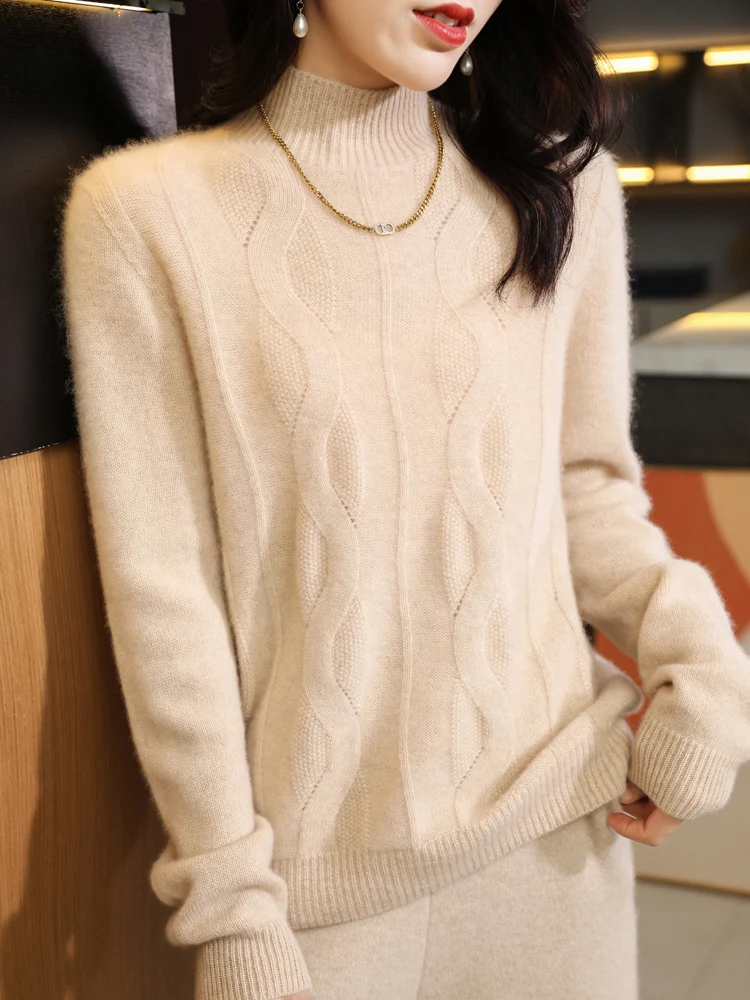 

New Autumn Winter Women Cashmere Twist Flower Sweater Mock Neck Wool Pullover 100% Merino Wool Knitwear Female Thick Soft Top