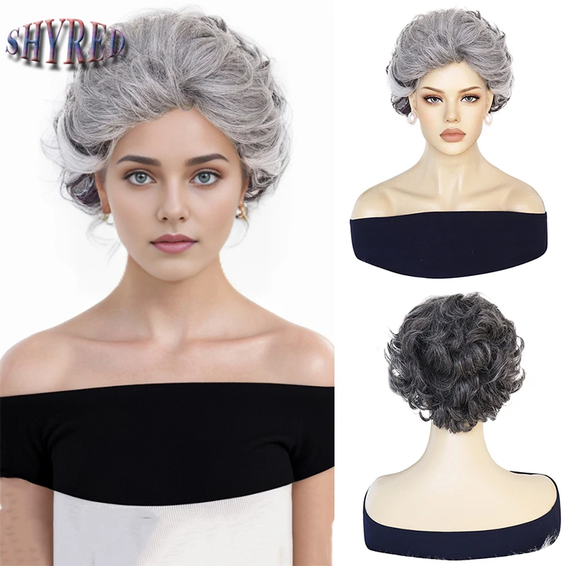 

Synthetic 12inch Short Wave Gray Black Gradient Wig for Woman Daily Wear Fake Hair Cosplay Old Lady