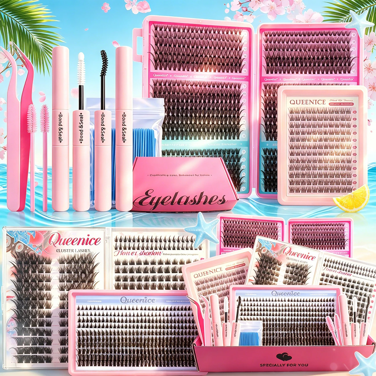 DIY Wimpernverlängerungs-Set, 4 Wimperntrays mit Kleber & Fixierer, Pinzette, Bürsten, Tupfer, Natürliche Spiky Manga Cat Eye Cluster Wimpern