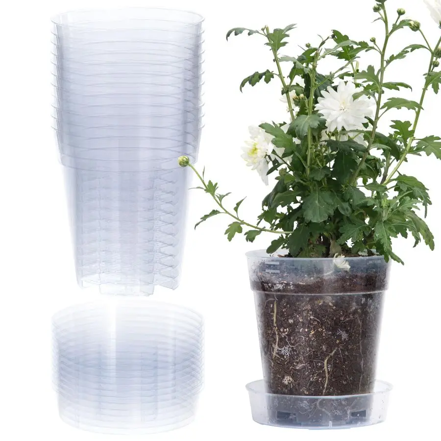 

Gallon 6 Inch Clear Plastic Plant Pot with Drainage Holes, Interlocking amp Detachable Tray Deep Saucer Durable BPAFree Plastic,