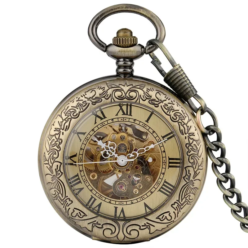 Bronze Automatic Mechanical Pocket Watch Men Women Retro Hollow Out Carving Roman Numeral Transparent Glass Cover Fob Chain Gift