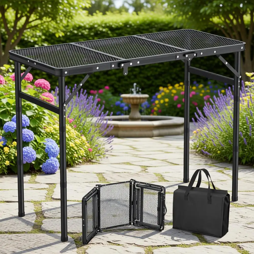 

Portable 3-Level Adjustable Height Picnic Table with Heat-Resistant Mesh, Ideal for Camping, BBQ, Outdoor Use - Black