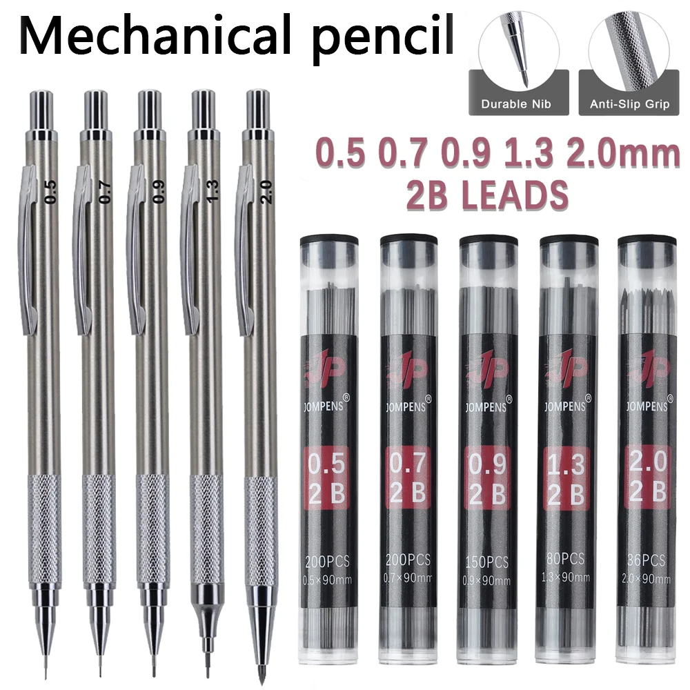 0,5/0,7/0,9/1,3/2,0mm Metall-Druckbleistift-Set mit 1 Box Ersatzminen, Rutschfester Mechanischer Bleistift für Schule und Schreibbedarf