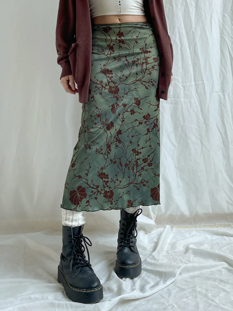 Y2K Vintage Floral Printing Midi Skirts Women Harajuku Fairycore Green Straight Maxi Skirt Aesthetic Sweet Girl Clothes