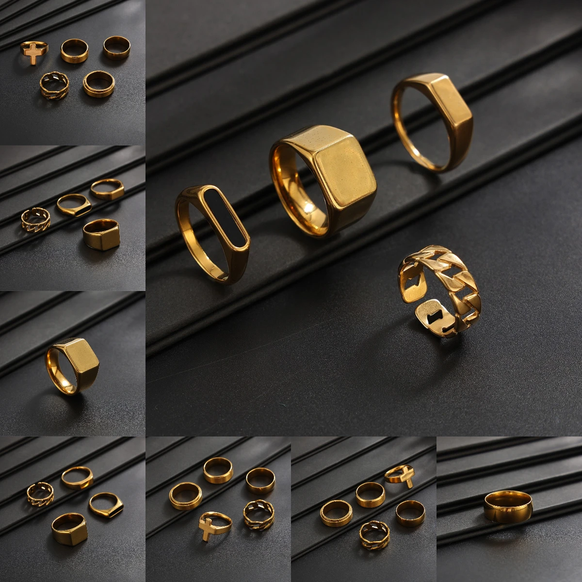 Cross border luxury stainless steel gold square smooth ring set, niche high-end men's open mouth ring