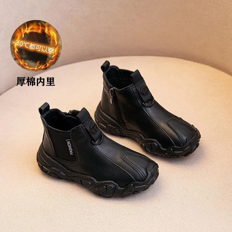 Picture 5: Boys Leather Boots 3-18 Years Old Black Padded Thickened Leather Kids Cotton Shoes Fall Winter Simple Hundred Children's Boots
