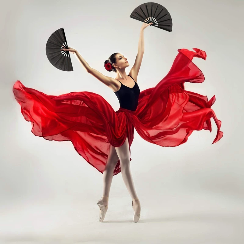 4 Pcs Large Folding Fan Nylon Cloth Handheld Folding Chinese Kung Fu Tai Chi Fan Decoration Fold Hand Fan Black & Red