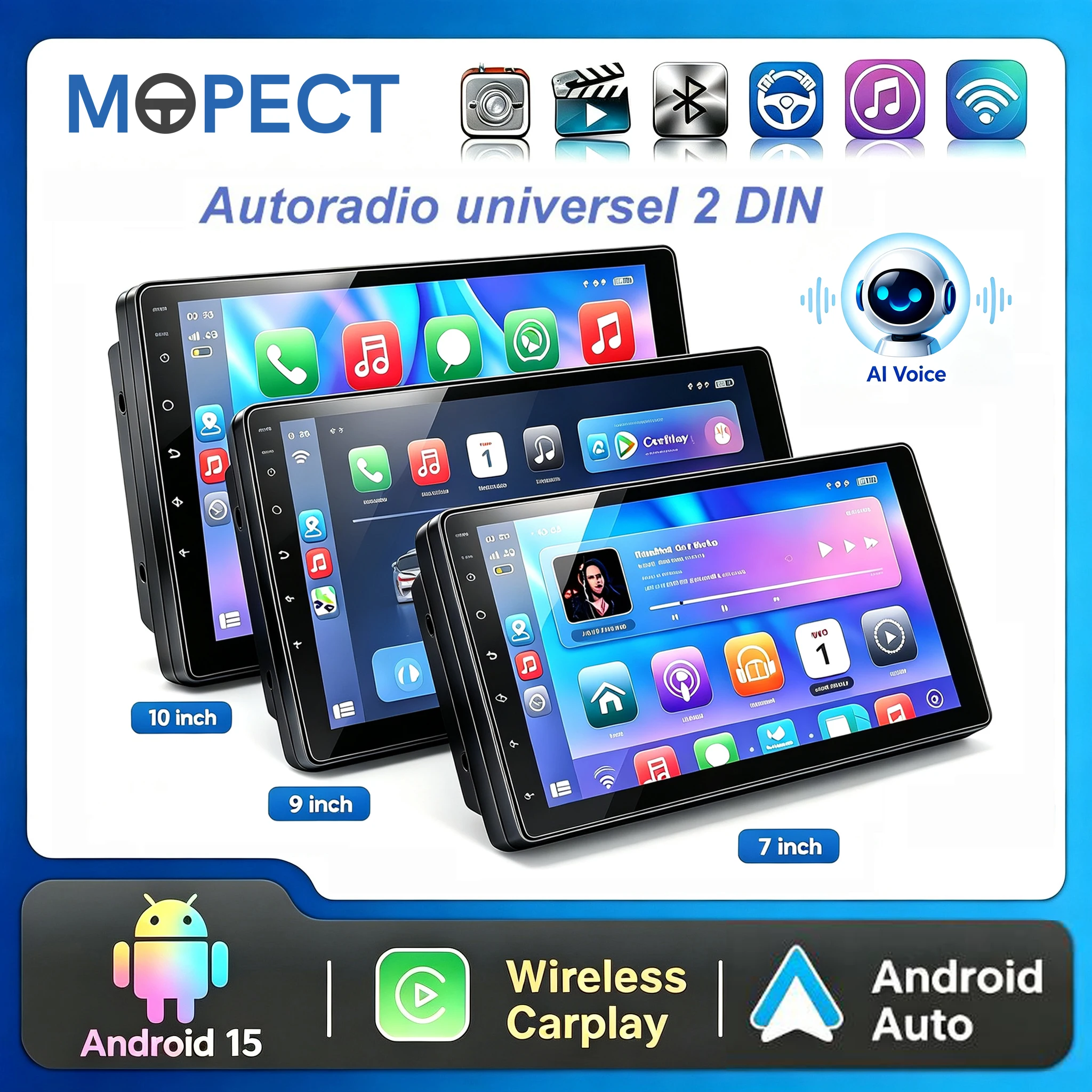 MOPECT 7"/9"/10,1" Android 15 4GB+64GB 2 DIN Universal-Autoradio mit kabellosem Carplay, Android Auto, GPS-Navigation, RDS, FM, WLAN, Bluetooth, Mirror Link, Lenkradsteuerung, Touchscreen,