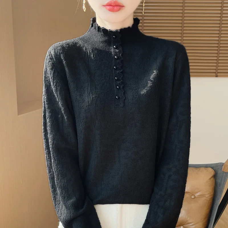 

Spring Autumn Knitted Base Shirt Women's Half High Collar Lace Bead Long Sleeve Simple Top Thin Model Suitable Sweater