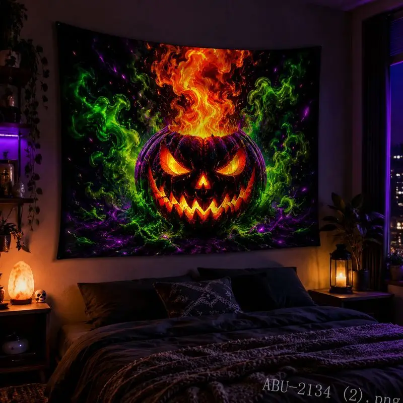 VIKAMA Halloween Pumpkin Skull Black Light Tapestry psychedelic Horror Wall Hanging Bedroom Dormitory Esports Room Wall Decor
