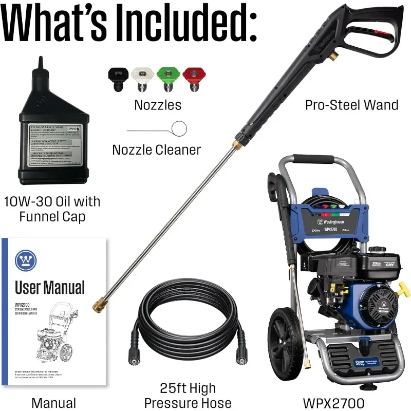 Westinghouse WPX2700 Gas Pressure Washer, 2700 PSI and 2.3 Max GPM, Onboard Soap Tank, Spray Gun and Wand, 4 Nozzle Set