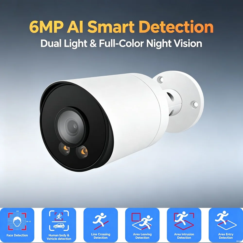 6MP POE IP67 Camera Dual Light Bullet Outdoor Security Camera Human Vehicle Face Detection Built-in Mic ONVIF H.265+ 2.8mm Lens
