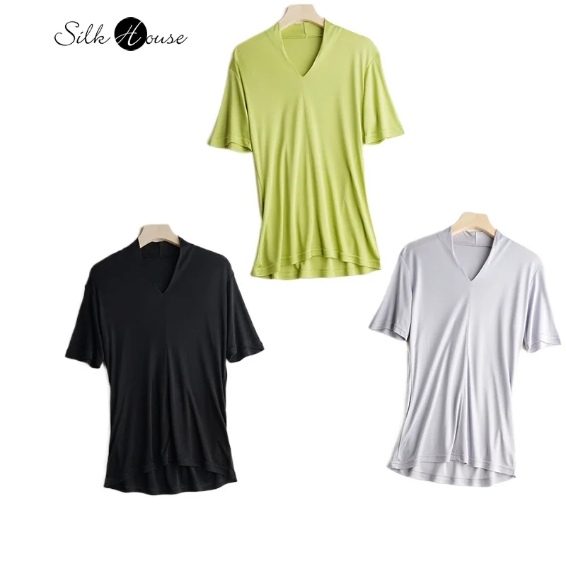 

Solid Color 23% Natural Mulberry Silk 77% Viscose Women's Summer Simple Casual Short Sleeved Commuting Versatile V-neck T-shirt