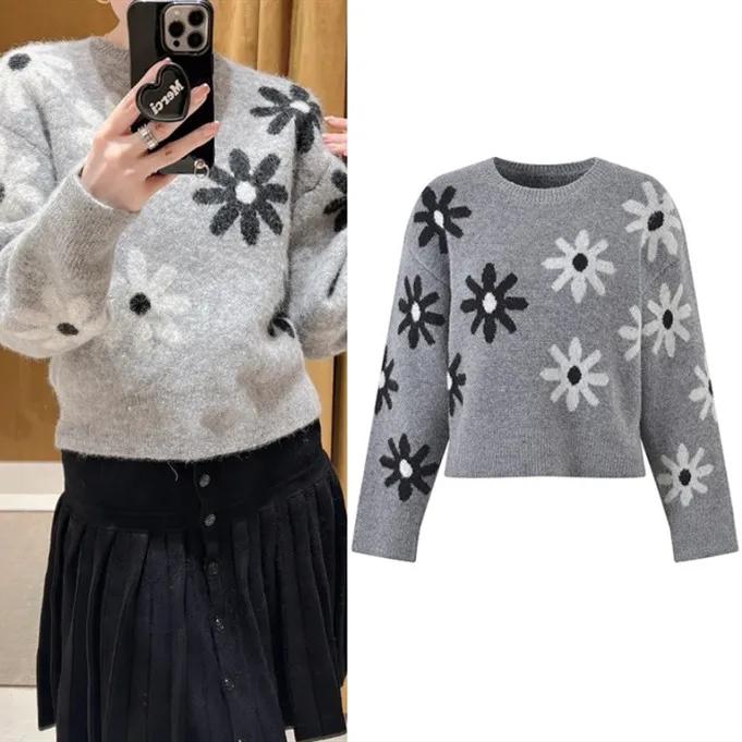 

Ele ey Knitted Top Loose round Ne Daisy Patterned Versatile Age-Defng High-End Version Women's Faion Sweater