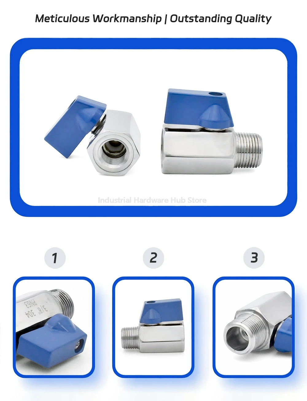 Mini-Kugelhahn aus Edelstahl 304/316L, 1/8 Zoll, 1/4 Zoll, 3/8 Zoll, 1/2 Zoll, 3/4 Zoll BSPT, NPT-Innengewinde, blaues Griffventil für Wasser/Öl/Säure – Detail 11