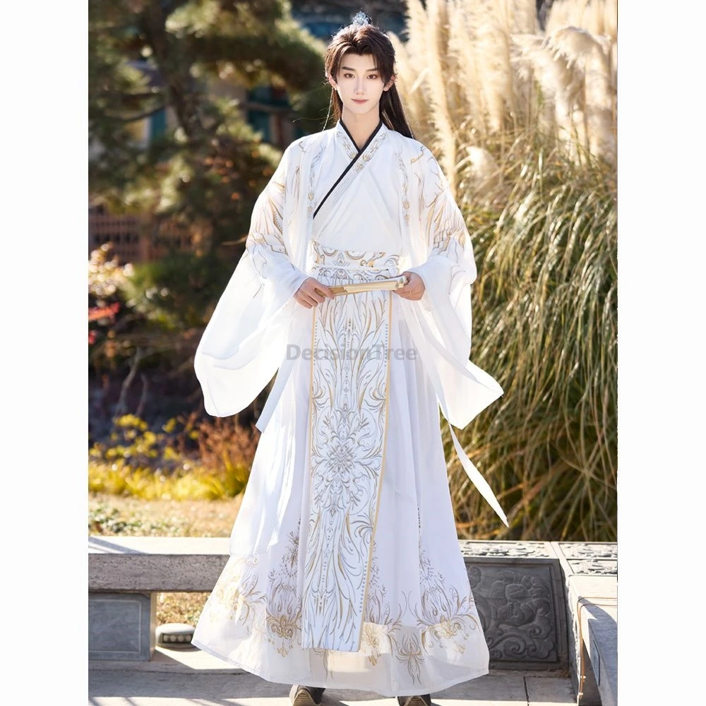 

2025 Politely Literati temperament men's hanfu outfit chinese costume drama crossed collar robe dainty printed ming made hanfu