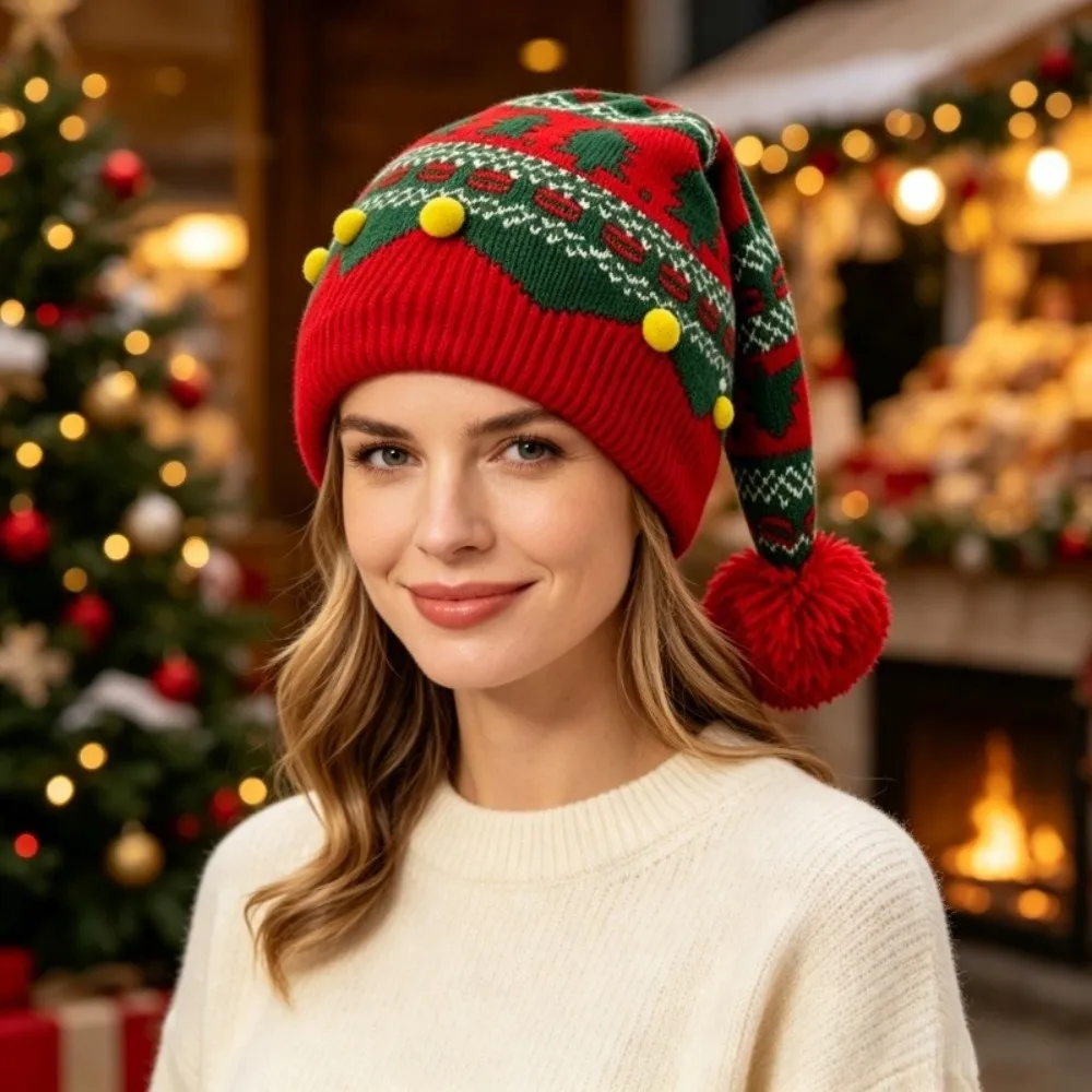 Jacquard Christmas Hat Red Green Patchwork Color Christmas Tree Knitted Wool Cap Warm Parent Child Hat Christmas Knitting Hat
