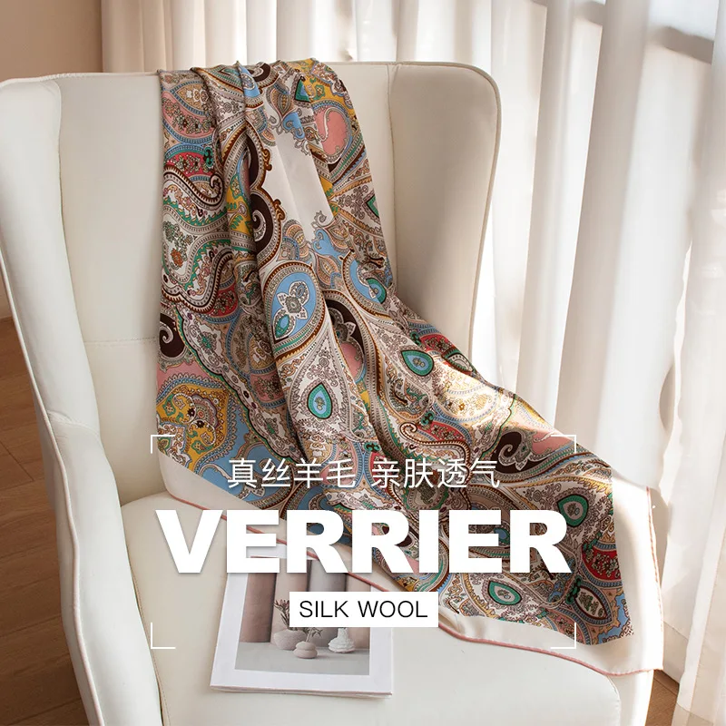 

Old money style hand-rolled double-sided paisley cashew flower silk wool scarf 140 large square scarf shawl