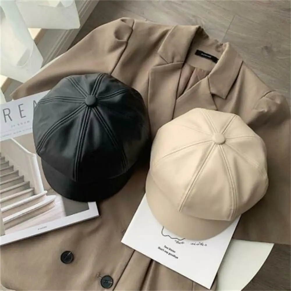 

Autumn Winter New Fashion PU Leather Octagonal Beret Hat Newsboy Cap Newsboy Hat Peaked Cap