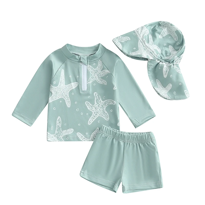 Boys Rash Guard Swimsuit Set Starfish Print Long Sleeve Zip Tops with Shorts and Swim Hat 3 Pcs Set