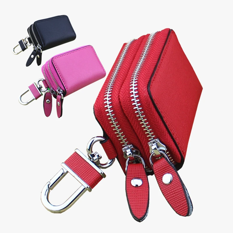 Car Key Case Leather Double Zipper Protection Cover Men And Women Key Holder Porta Chaves Purse