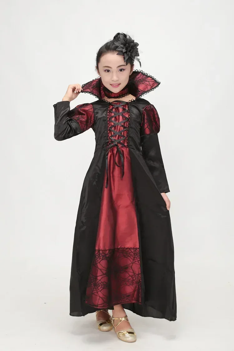 Schwarz-Rotes Vampirkostüm für Kinder, Jungen und Mädchen, 2-Stil-Cosplay-Outfit mit Dreizack-Tattoo-Aufklebern für Halloween-Feier – Detail 3
