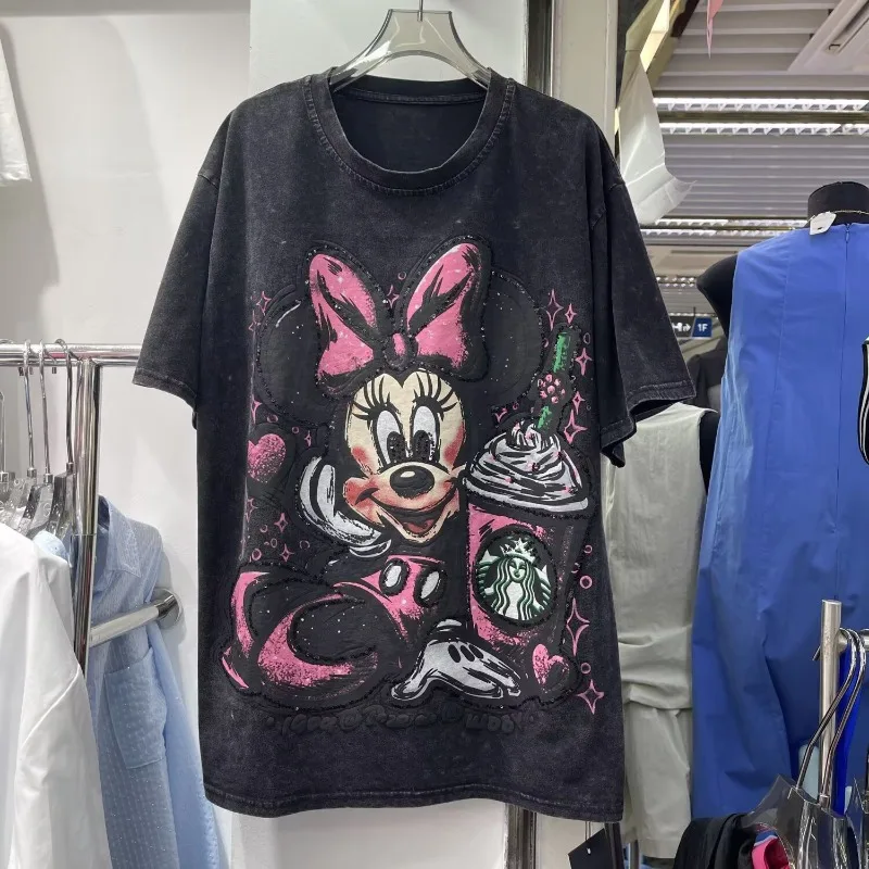 

Oversized T shirt European Version Cartoon Minnie Summer New Loose Heavy Industry Washed and Worn Short Sleeved Vintage Clothes