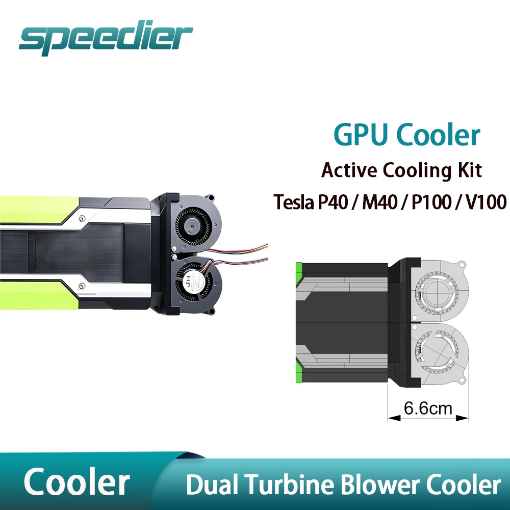 Thin Dual Turbo Fan GPU Cooler Mod Kit for Tesla P40 M40 P100 V100 AI Server Graphics Card Active Heatsink Radiator