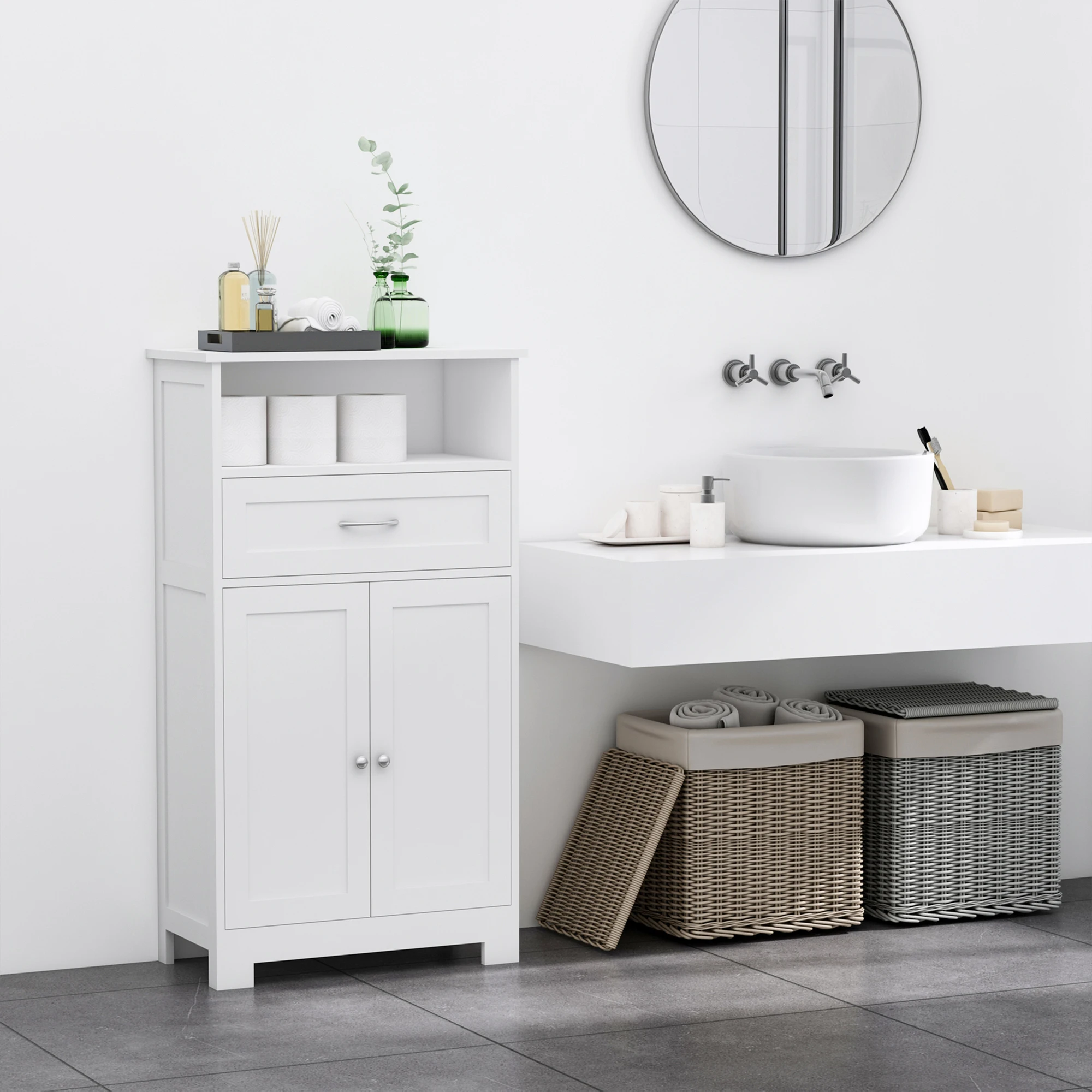 Kleankin Modern Bathroom Floor Cabinet, Free Standing Storage Cabinet, Linen Cabinet with Drawer and Adjustable Shelf, White