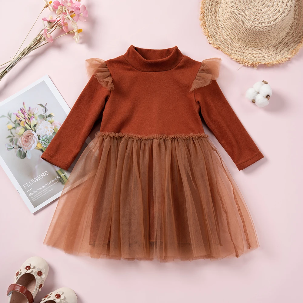 Cute Dress, Girl Embroidered Spring And Autumn Long Sleeved Princess Skirt, Solid Color Mesh Patchwork Princess Skirt